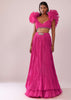 Rani Pink Pleated Lehenga And Blouse With Frilled Sleeves In Organza