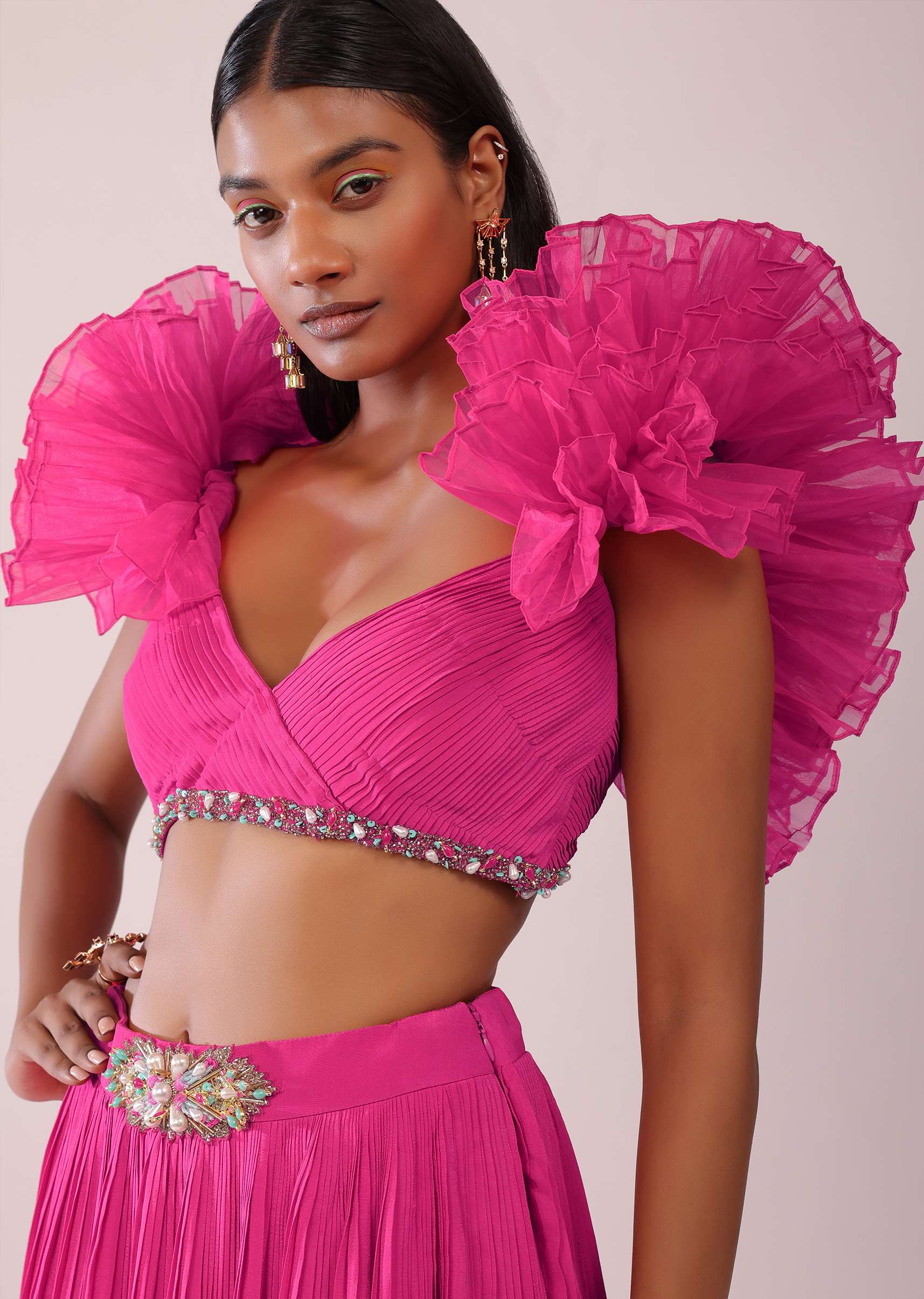 Rani Pink Pleated Lehenga And Blouse With Frilled Sleeves In Organza