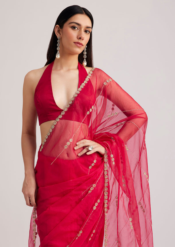 Rani Pink Organza Saree With Overall Cutdana Work