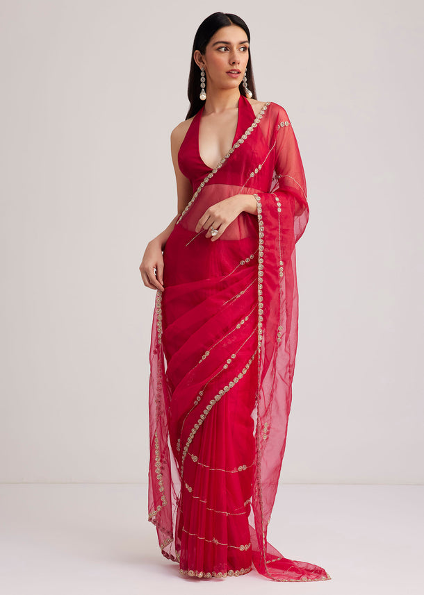 Rani Pink Organza Saree With Overall Cutdana Work