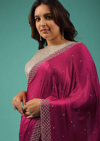 Rani Pink Saree In Chiffon With Cut Dana And Stones Embroidery