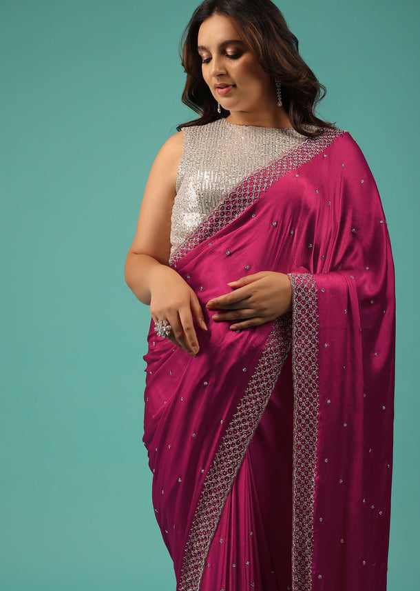 Rani Pink Saree In Chiffon With Cut Dana And Stones Embroidery