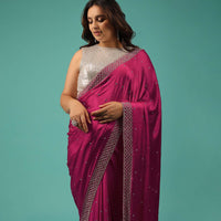 Rani Pink Saree In Chiffon With Cut Dana And Stones Embroidery