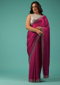 Rani Pink Saree In Chiffon With Cut Dana And Stones Embroidery