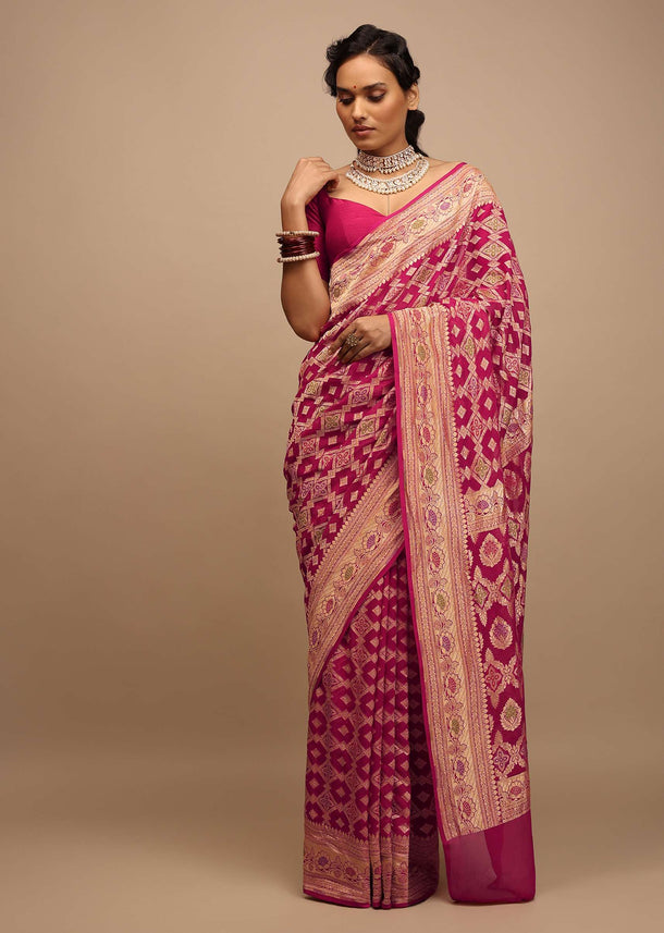 Rani Pink Saree In Georgette With Woven Geometric Jaal And Floral Border