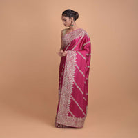 Rani Pink Saree In Satin With Zari And Sequins In Floral And Zig Zag Pattern On The Border Online - Kalki Fashion