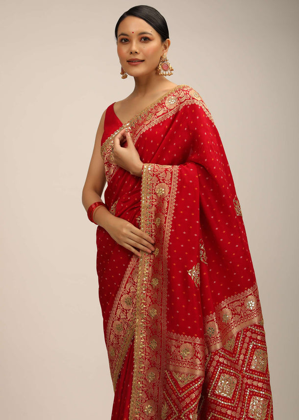Red Saree In Silk With Brocade Geometric And Floral Design On The Pallu And Gotta Embroidery