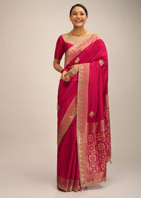 Rani Pink Saree In Silk With Brocade Geometric Design On The Pallu And Gotta Embroidery