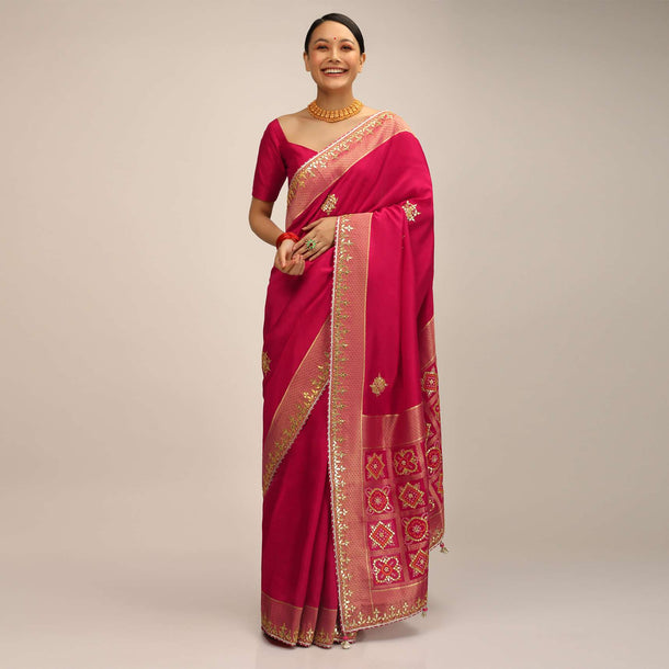 Rani Pink Saree In Silk With Brocade Geometric Design On The Pallu And Gotta Embroidery