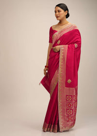 Rani Pink Saree In Silk With Brocade Geometric Design On The Pallu And Gotta Embroidery