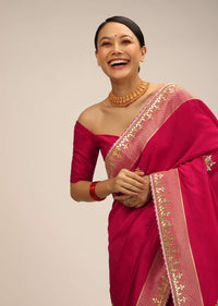 Rani Pink Saree In Silk With Brocade Geometric Design On The Pallu And Gotta Embroidery