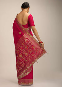 Rani Pink Saree In Silk With Brocade Geometric Design On The Pallu And Gotta Embroidery