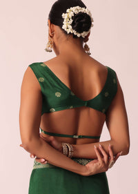 Green Saree In Silk With Woven Bandhani Detail And Unstitched Blouse Piece