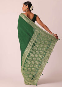 Green Saree In Silk With Woven Bandhani Detail And Unstitched Blouse Piece