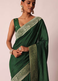 Green Saree In Silk With Woven Bandhani Detail And Unstitched Blouse Piece