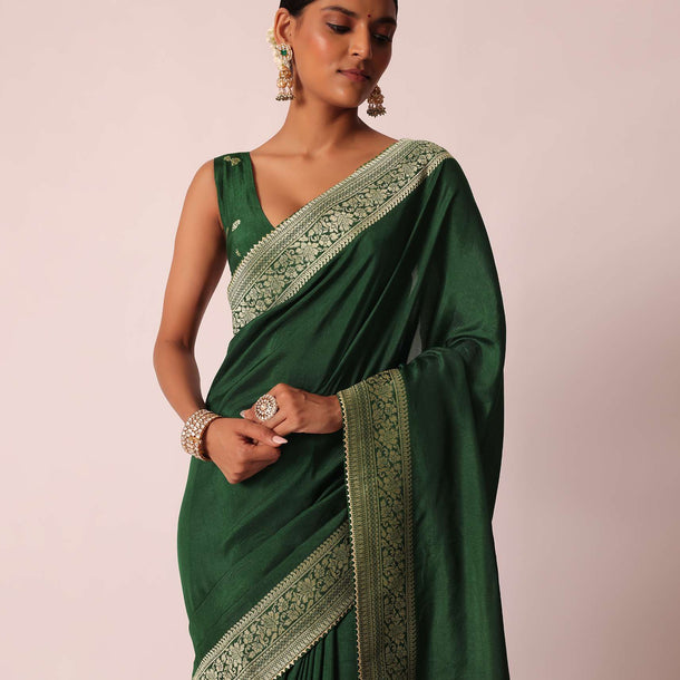 Green Saree In Silk With Woven Bandhani Detail And Unstitched Blouse Piece