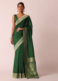 Green Saree In Silk With Woven Bandhani Detail And Unstitched Blouse Piece