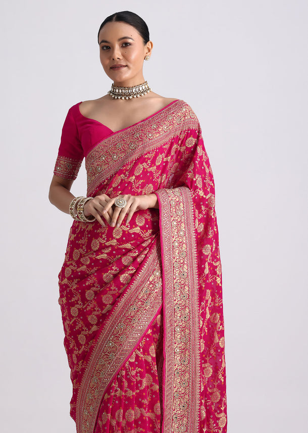 Rani Pink Saree With Bandhani Jaal And Cutdana Work