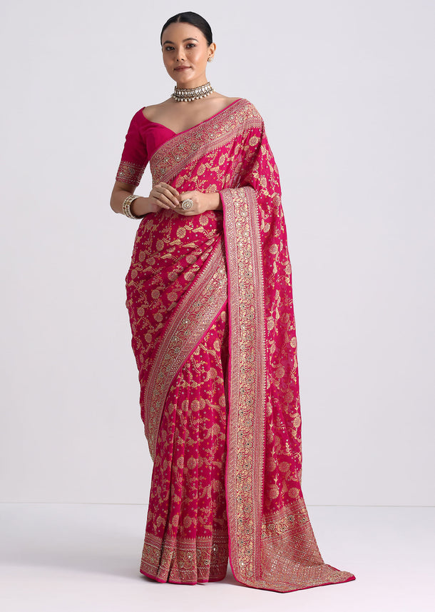 Rani Pink Saree With Bandhani Jaal And Cutdana Work