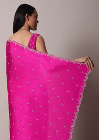 Rani Pink Satin Chinon Saree With Scallop Border And Unstitched Blouse Piece