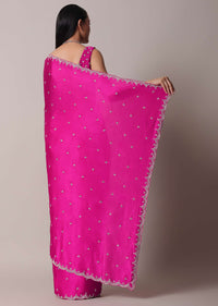 Rani Pink Satin Chinon Saree With Scallop Border And Unstitched Blouse Piece