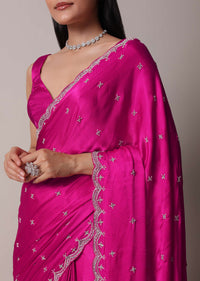 Rani Pink Satin Chinon Saree With Scallop Border And Unstitched Blouse Piece