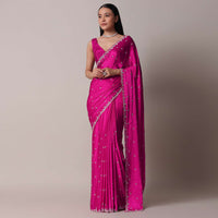 Rani Pink Satin Chinon Saree With Scallop Border And Unstitched Blouse Piece