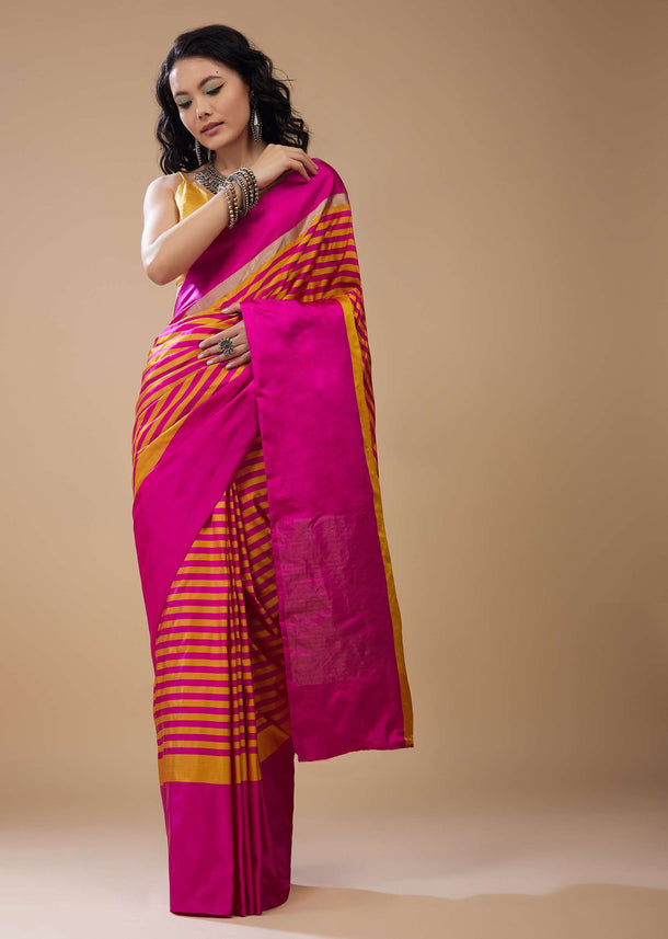 Hot Pink Satin Printed Saree With Dual Tone Stripes