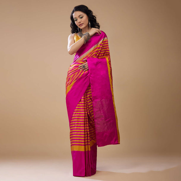 Hot Pink Satin Printed Saree With Dual Tone Stripes