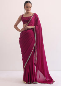 Rani Pink Satin Saree In Salli Cutdana Embroidery WIth Unstitched Blouse