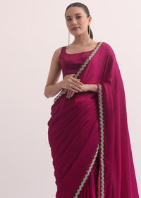 Rani Pink Satin Saree In Salli Cutdana Embroidery WIth Unstitched Blouse