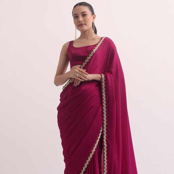 Rani Pink Satin Saree In Salli Cutdana Embroidery WIth Unstitched Blouse