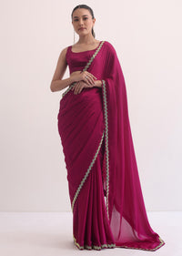 Rani Pink Satin Saree In Salli Cutdana Embroidery WIth Unstitched Blouse