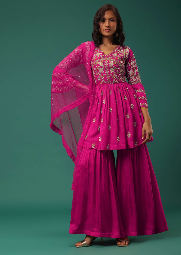 Rani Pink Sharara Suit Set In Silk With Floral Embroidery