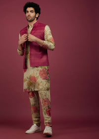 Azalea Pink Silk Bandi Jacket With Tan Brown Printed Kurta Set