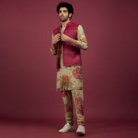 Azalea Pink Silk Bandi Jacket With Tan Brown Printed Kurta Set