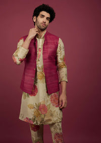 Azalea Pink Silk Bandi Jacket With Tan Brown Printed Kurta Set