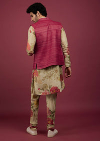 Azalea Pink Silk Bandi Jacket With Tan Brown Printed Kurta Set