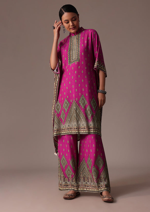 Rani Pink Silk Embroidered Kaftan Co Ord Set