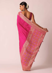 Rani Pink Silk Saree With Bandhani Detail And Unstitched Blouse Piece