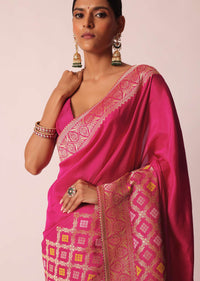 Rani Pink Silk Saree With Bandhani Detail And Unstitched Blouse Piece