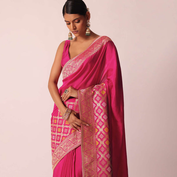 Rani Pink Silk Saree With Bandhani Detail And Unstitched Blouse Piece