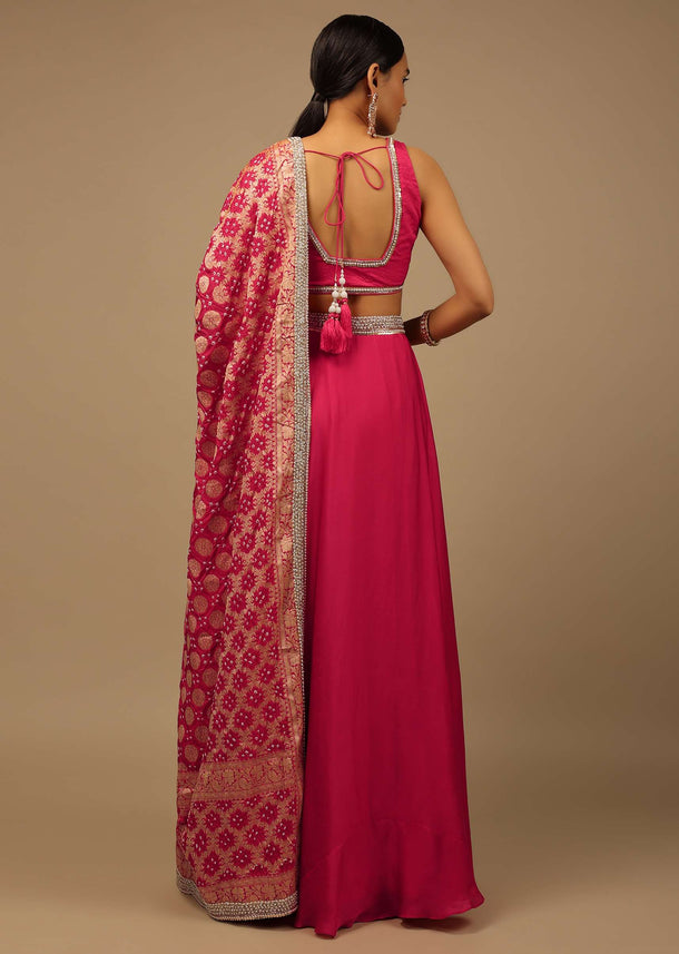Rani Pink Skirt And Crop Top Set With A Bandhani Brocade Dupatta Edged In Moti Work