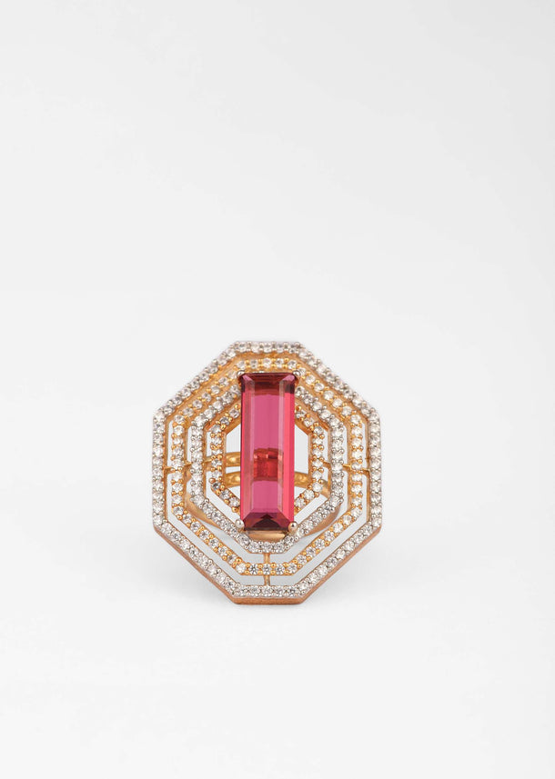 Rani Pink Stone Studded Ring With Swarovski Work In Geometric Design