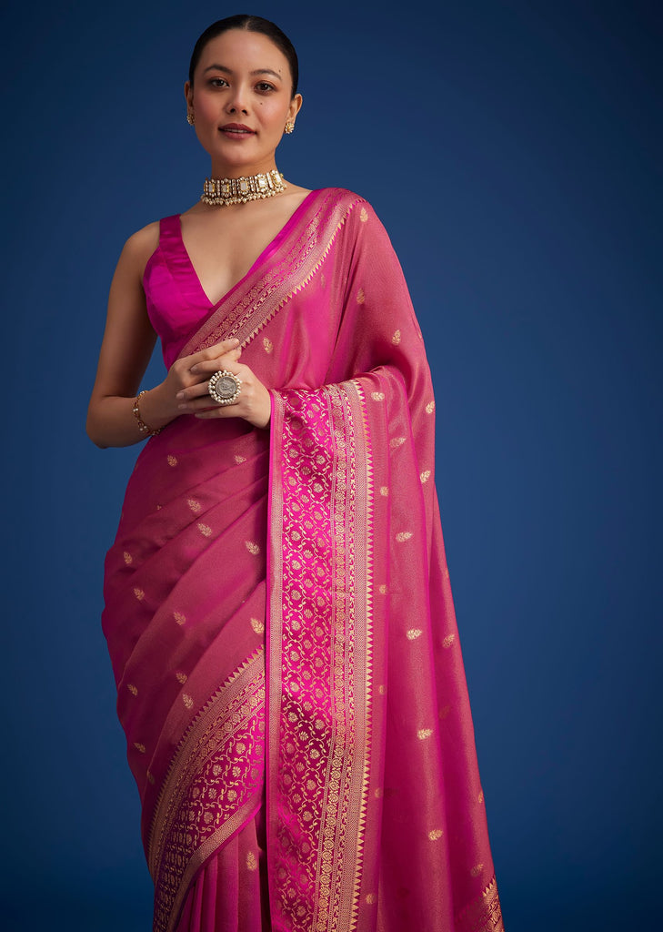 Rani Pink Tissue Silk Saree With Butti Work