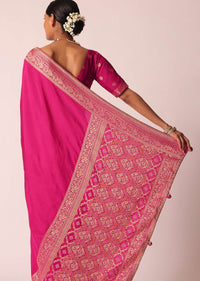 Rani Pink Woven Saree In Silk with Bandhani Detail And Unstitched Blouse Piece