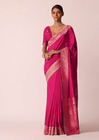 Rani Pink Woven Saree In Silk with Bandhani Detail And Unstitched Blouse Piece