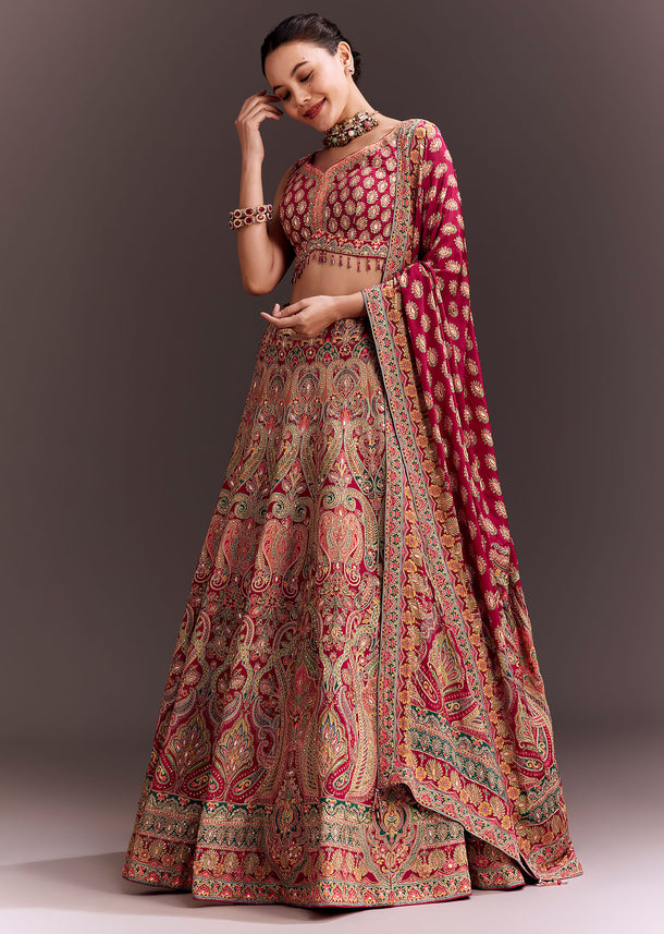 Rani Pink Zari Work Lehenga Set
