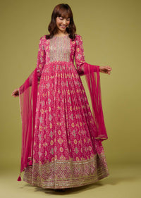 Fuschia Pink Silk Anarkali Suit In Patola Print