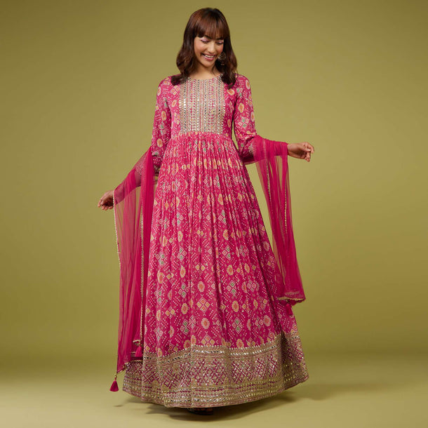 Fuschia Pink Silk Anarkali Suit In Patola Print